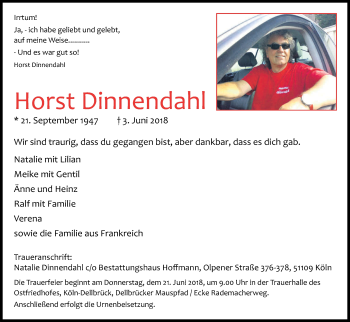 Anzeige von Horst Dinnendahl von Kölner Stadt-Anzeiger / Kölnische Rundschau / Express