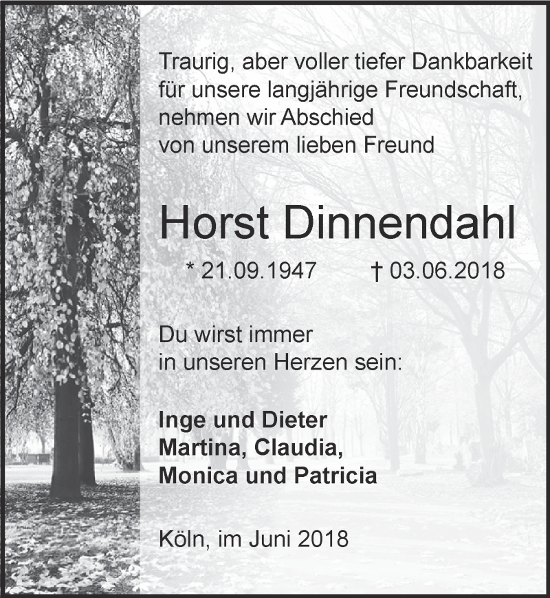  Traueranzeige für Horst Dinnendahl vom 20.06.2018 aus  Kölner Wochenspiegel 