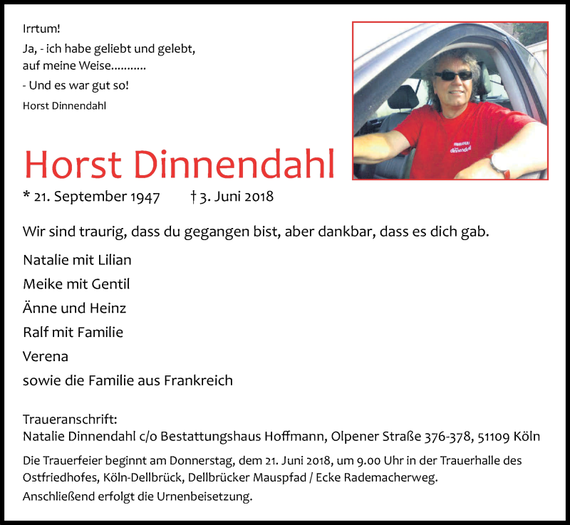  Traueranzeige für Horst Dinnendahl vom 16.06.2018 aus Kölner Stadt-Anzeiger / Kölnische Rundschau / Express