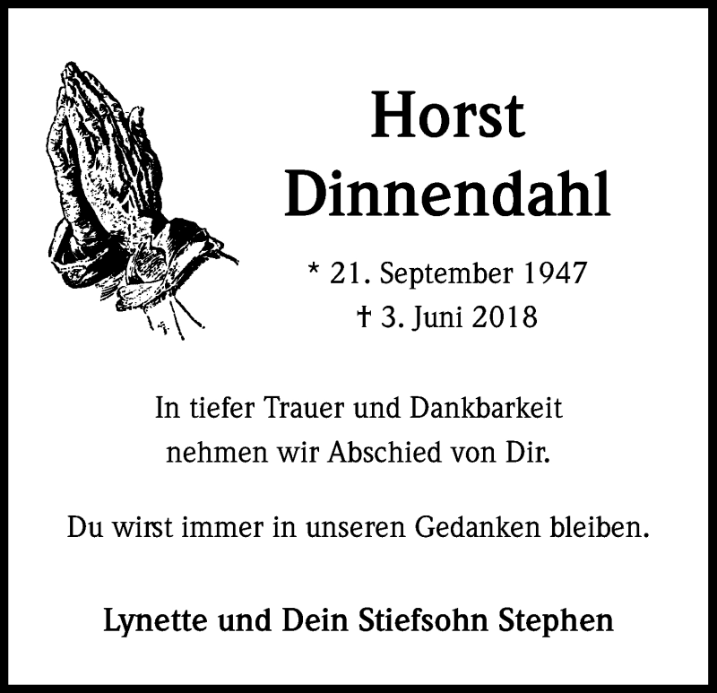  Traueranzeige für Horst Dinnendahl vom 16.06.2018 aus Kölner Stadt-Anzeiger / Kölnische Rundschau / Express