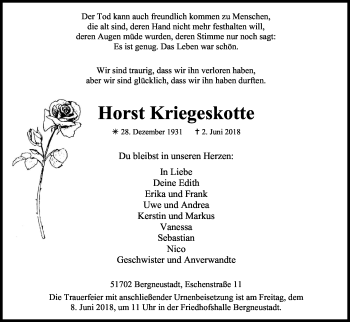 Anzeige von Horst Kriegeskotte von Kölner Stadt-Anzeiger / Kölnische Rundschau / Express