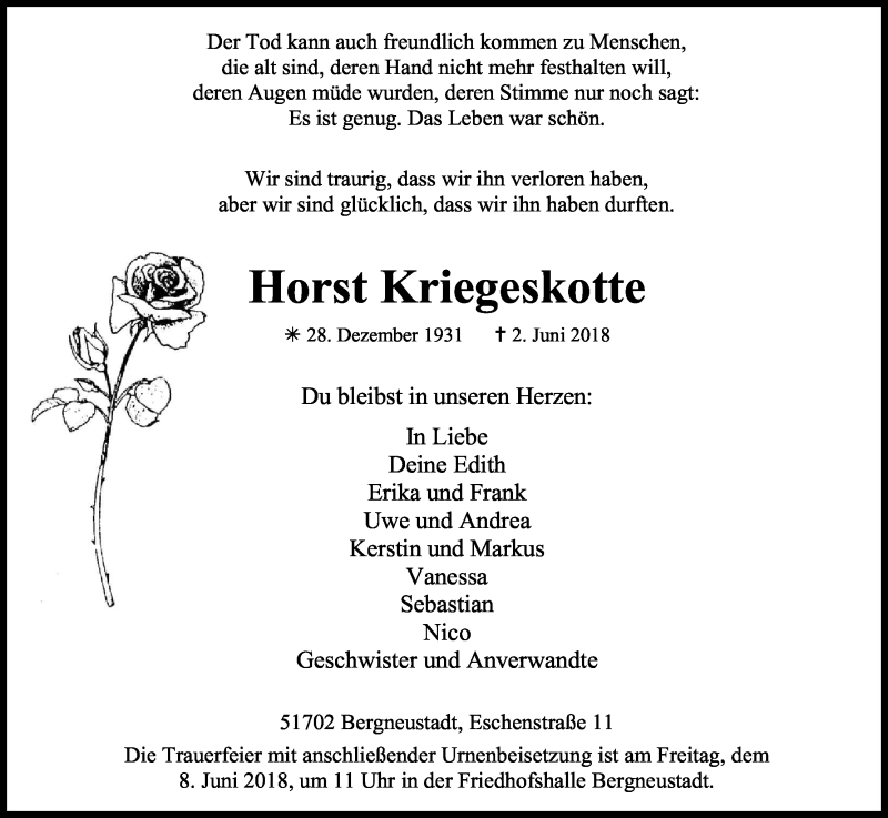 Traueranzeige für Horst Kriegeskotte vom 05.06.2018 aus Kölner Stadt-Anzeiger / Kölnische Rundschau / Express
