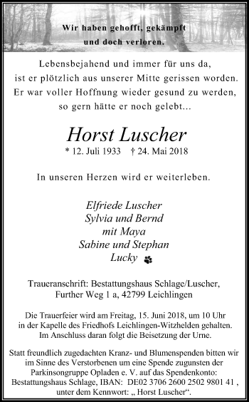 Anzeige von Horst Luscher von Kölner Stadt-Anzeiger / Kölnische Rundschau / Express