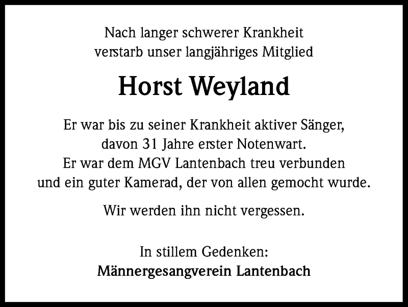  Traueranzeige für Horst Weyland vom 09.06.2018 aus Kölner Stadt-Anzeiger / Kölnische Rundschau / Express