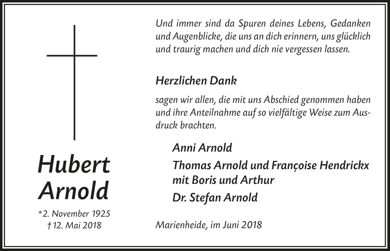  Traueranzeige für Hubert Arnold vom 27.06.2018 aus  Anzeigen Echo 