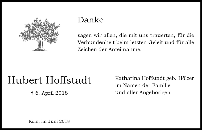  Traueranzeige für Hubert Hoffstadt vom 02.06.2018 aus  Bergisches Sonntagsblatt 