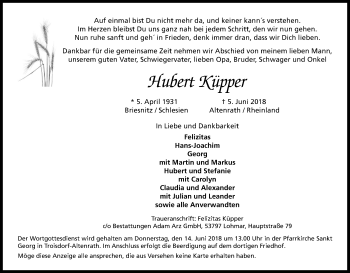 Anzeige von Hubert Küpper von Kölner Stadt-Anzeiger / Kölnische Rundschau / Express