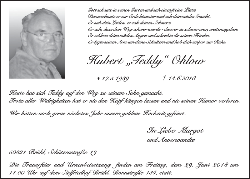  Traueranzeige für Hubert Ohlow vom 27.06.2018 aus  Schlossbote/Werbekurier 