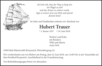 Anzeige von Hubert Trauer von  Blickpunkt Euskirchen 
