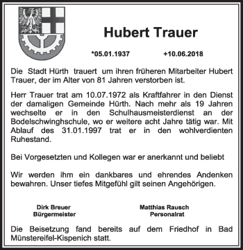 Anzeige von Hubert Trauer von  Sonntags-Post 