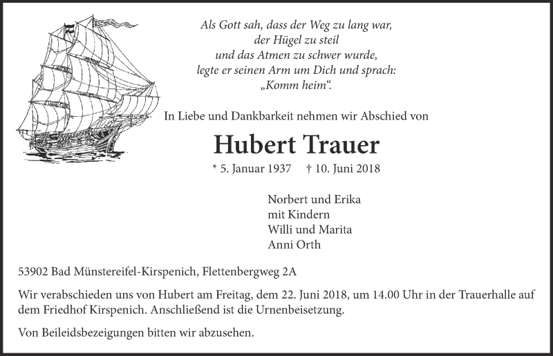  Traueranzeige für Hubert Trauer vom 16.06.2018 aus  Blickpunkt Euskirchen 