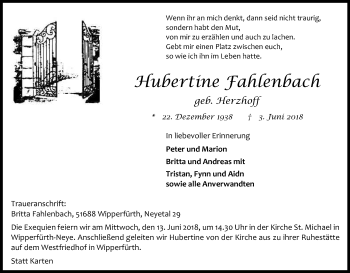 Anzeige von Hubertine Fahlenbach von Kölner Stadt-Anzeiger / Kölnische Rundschau / Express