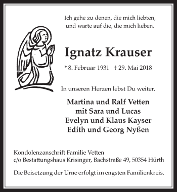 Anzeige von Ignatz Krauser von  Wochenende 