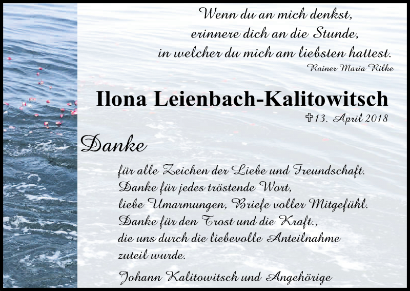  Traueranzeige für Ilona Leienbach-Kalitowitsch vom 09.06.2018 aus Kölner Stadt-Anzeiger / Kölnische Rundschau / Express