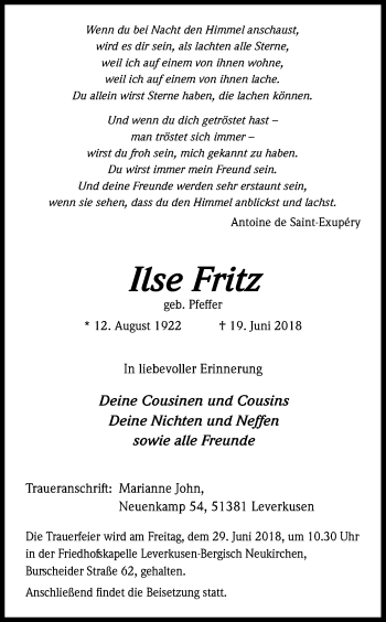 Anzeige von Ilse Fritz von Kölner Stadt-Anzeiger / Kölnische Rundschau / Express