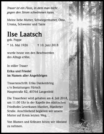 Anzeige von Ilse Laatsch von Kölner Stadt-Anzeiger / Kölnische Rundschau / Express