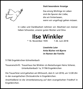 Anzeige von Ilse Winkler von Kölner Stadt-Anzeiger / Kölnische Rundschau / Express