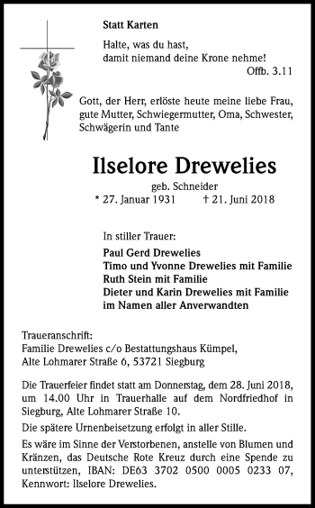 Anzeige von Ilselore Drewelies von Kölner Stadt-Anzeiger / Kölnische Rundschau / Express