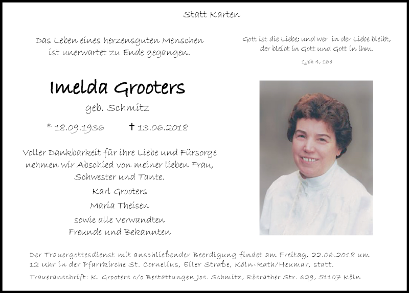  Traueranzeige für Imelda Grooters vom 20.06.2018 aus  Kölner Wochenspiegel 