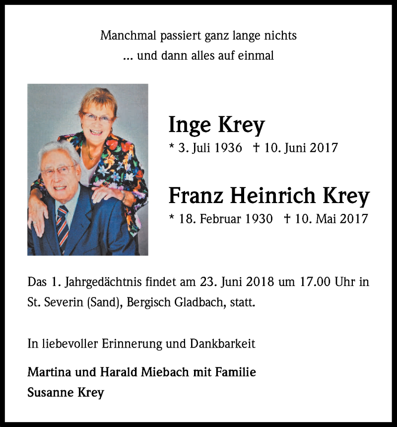  Traueranzeige für Inge Krey vom 09.06.2018 aus Kölner Stadt-Anzeiger / Kölnische Rundschau / Express
