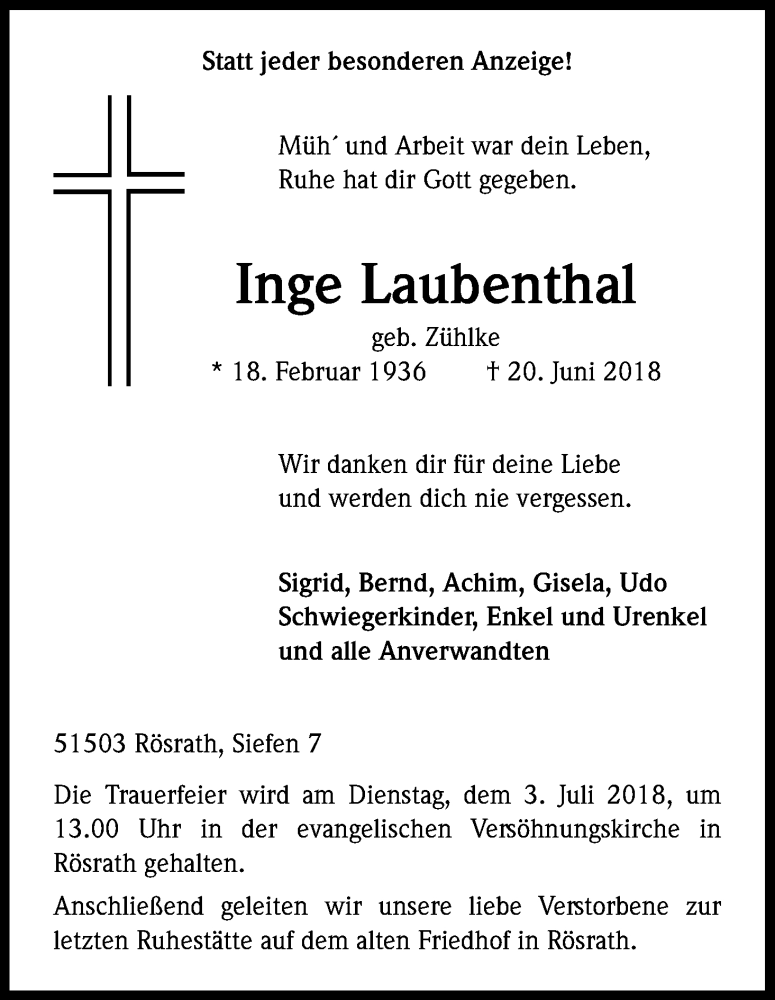  Traueranzeige für Inge Laubenthal vom 27.06.2018 aus Kölner Stadt-Anzeiger / Kölnische Rundschau / Express
