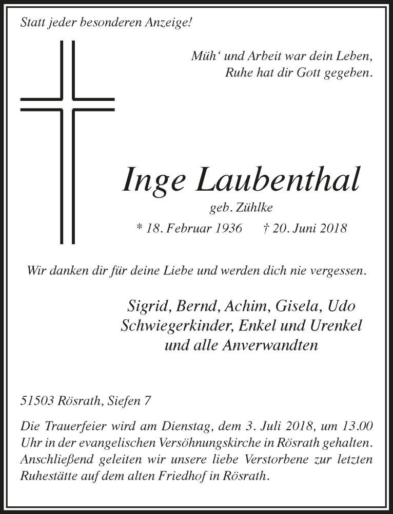  Traueranzeige für Inge Laubenthal vom 27.06.2018 aus  Bergisches Handelsblatt 