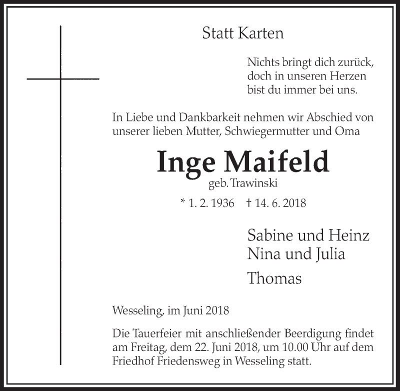  Traueranzeige für Inge Maifeld vom 20.06.2018 aus  Schlossbote/Werbekurier 