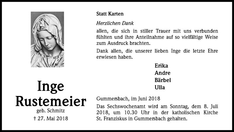  Traueranzeige für Inge Rustemeier vom 30.06.2018 aus Kölner Stadt-Anzeiger / Kölnische Rundschau / Express