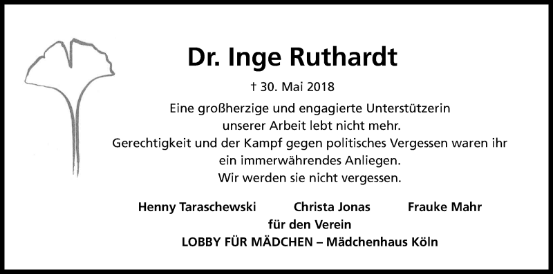  Traueranzeige für Inge Ruthardt vom 09.06.2018 aus Kölner Stadt-Anzeiger / Kölnische Rundschau / Express