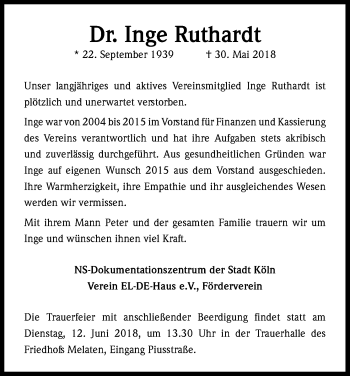 Anzeige von Inge Ruthardt von Kölner Stadt-Anzeiger / Kölnische Rundschau / Express
