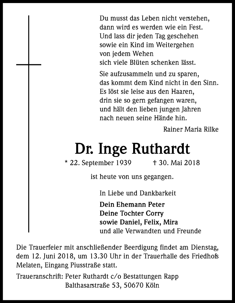  Traueranzeige für Inge Ruthardt vom 09.06.2018 aus Kölner Stadt-Anzeiger / Kölnische Rundschau / Express