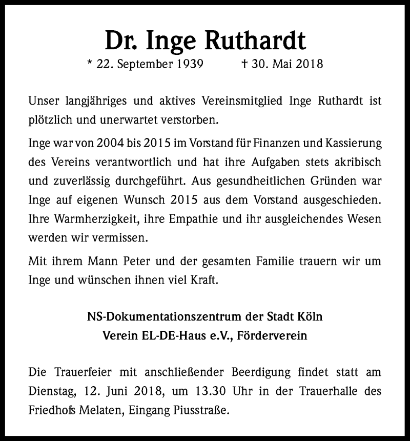  Traueranzeige für Inge Ruthardt vom 09.06.2018 aus Kölner Stadt-Anzeiger / Kölnische Rundschau / Express