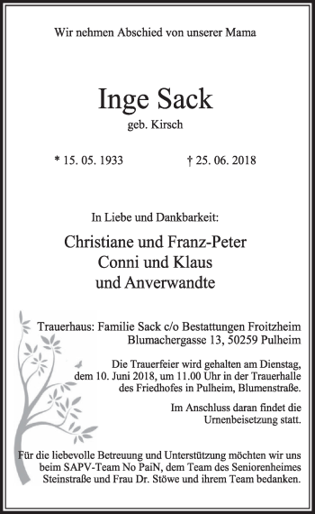 Anzeige von Inge Sack von  Sonntags-Post 