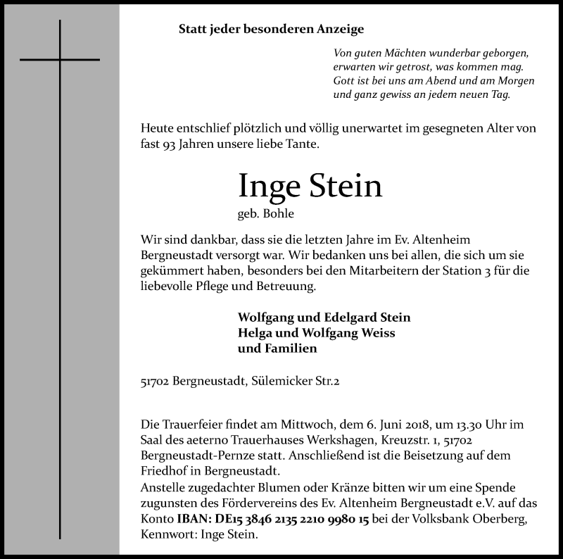  Traueranzeige für Inge Stein vom 02.06.2018 aus Kölner Stadt-Anzeiger / Kölnische Rundschau / Express