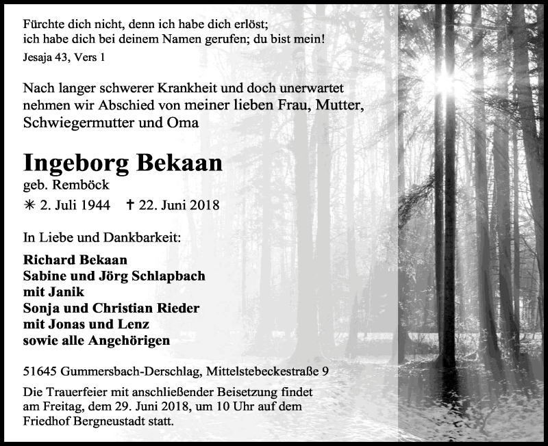  Traueranzeige für Ingeborg Bekaan vom 26.06.2018 aus Kölner Stadt-Anzeiger / Kölnische Rundschau / Express