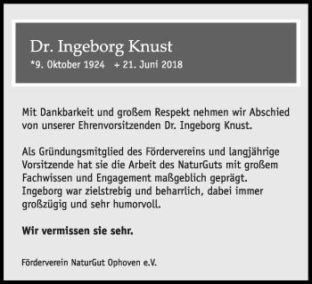 Anzeige von Ingeborg Knust von Kölner Stadt-Anzeiger / Kölnische Rundschau / Express