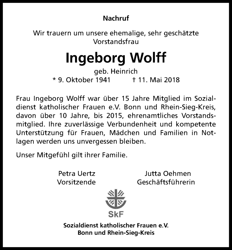  Traueranzeige für Ingeborg Wolff vom 02.06.2018 aus Kölner Stadt-Anzeiger / Kölnische Rundschau / Express