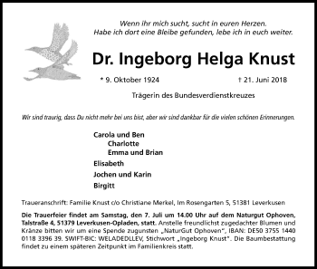 Anzeige von Ingeborg Helga Knust von Kölner Stadt-Anzeiger / Kölnische Rundschau / Express