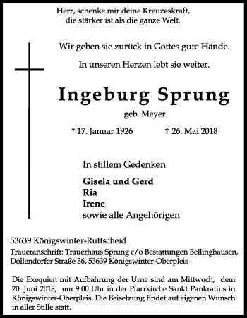 Anzeige von Ingeburg Sprung von Kölner Stadt-Anzeiger / Kölnische Rundschau / Express