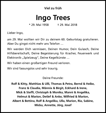 Anzeige von Ingo Trees von Kölner Stadt-Anzeiger / Kölnische Rundschau / Express