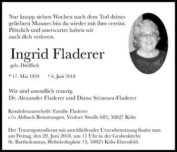 Anzeige von Ingrid Fladerer von Kölner Stadt-Anzeiger / Kölnische Rundschau / Express
