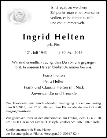 Anzeige von Ingrid Helten von Kölner Stadt-Anzeiger / Kölnische Rundschau / Express