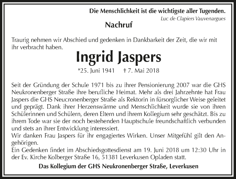  Traueranzeige für Ingrid Jaspers vom 13.06.2018 aus  Lokale Informationen 