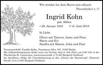 Anzeige von Ingrid Kohn von Kölner Stadt-Anzeiger / Kölnische Rundschau / Express