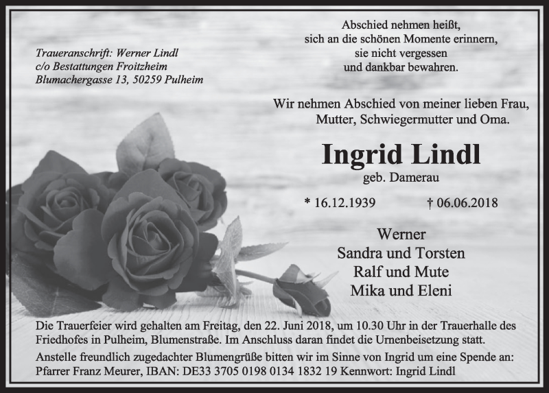  Traueranzeige für Ingrid Lindl vom 16.06.2018 aus  Sonntags-Post 