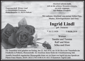 Anzeige von Ingrid Lindl von  Sonntags-Post 