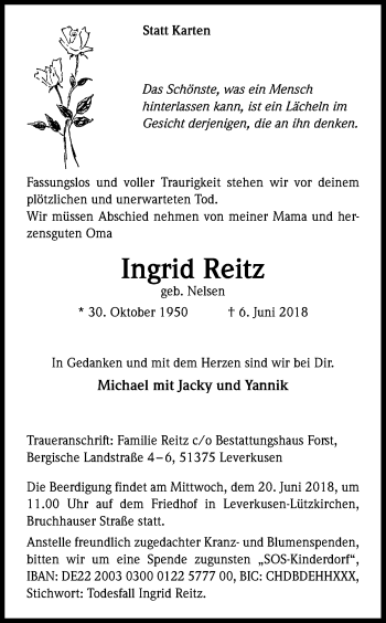 Anzeige von Ingrid Reitz von Kölner Stadt-Anzeiger / Kölnische Rundschau / Express