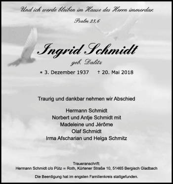 Anzeige von Ingrid Schmidt von Kölner Stadt-Anzeiger / Kölnische Rundschau / Express
