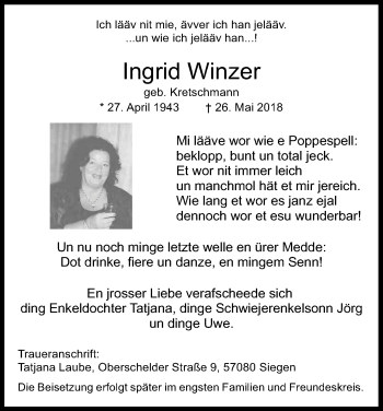 Anzeige von Ingrid Winzer von Kölner Stadt-Anzeiger / Kölnische Rundschau / Express