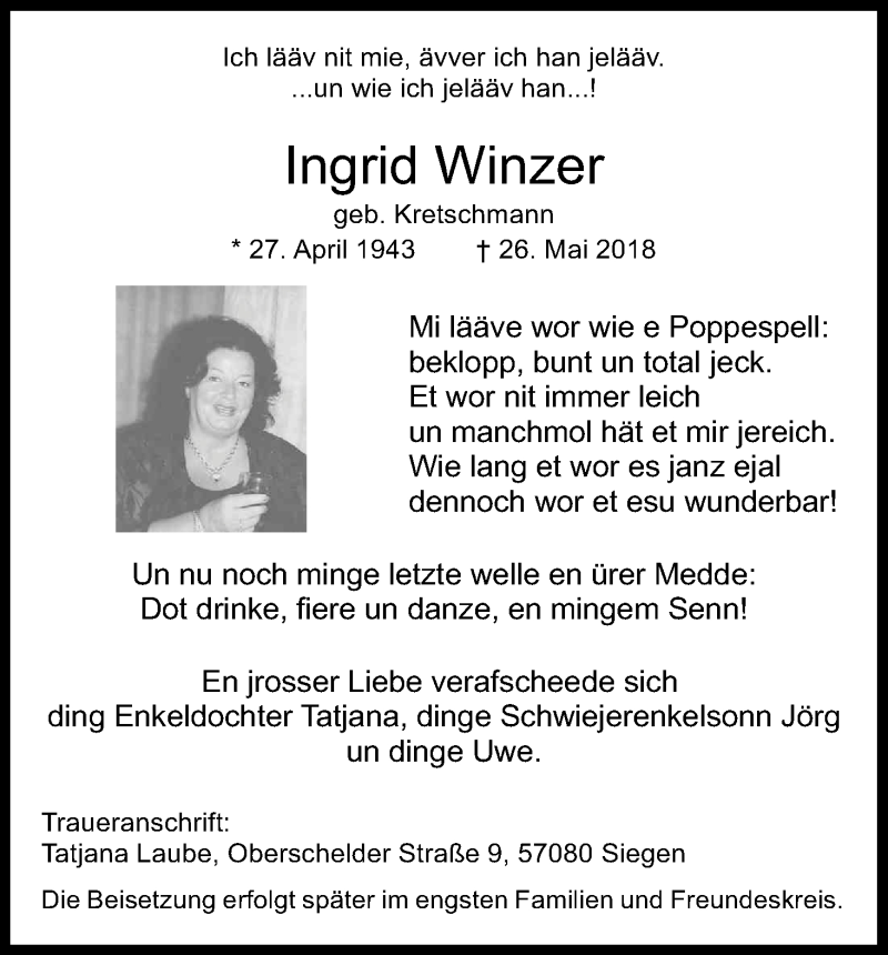  Traueranzeige für Ingrid Winzer vom 02.06.2018 aus Kölner Stadt-Anzeiger / Kölnische Rundschau / Express